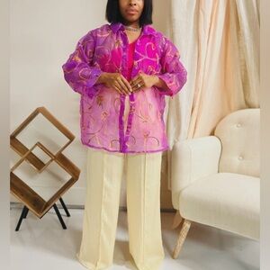 c.l.o.t.h.e.s. Sheer Floral Embroidered Button Front Collared Blouse Purple